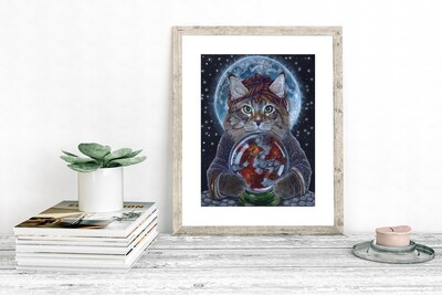 The Fortune Teller Cat, 8x10 Print from my Original pencil drawing, Cat Mom Art, Cat Lover, Art Moon Cat, Maine Coone Cat, Crystal Ball, Art - image1
